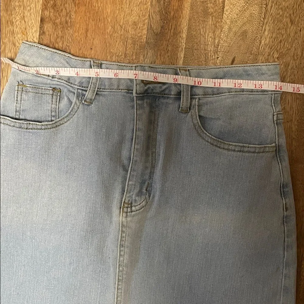 Light Blue Stretch Denim Midi Skirt